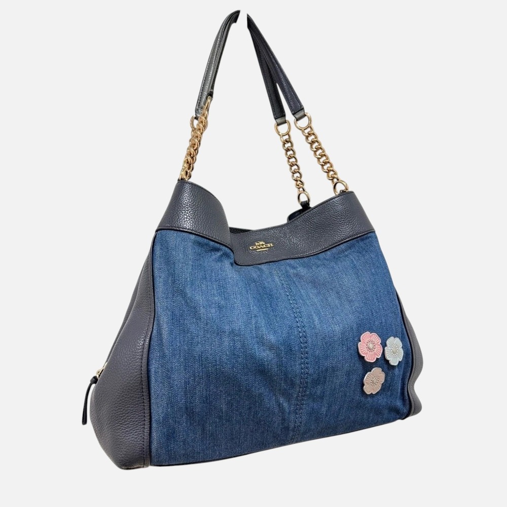 Coach Lexy Shoulder Bag Denim Tea Rose Floral Appliqué Navy Leather F25884 - Picture 3 of 9